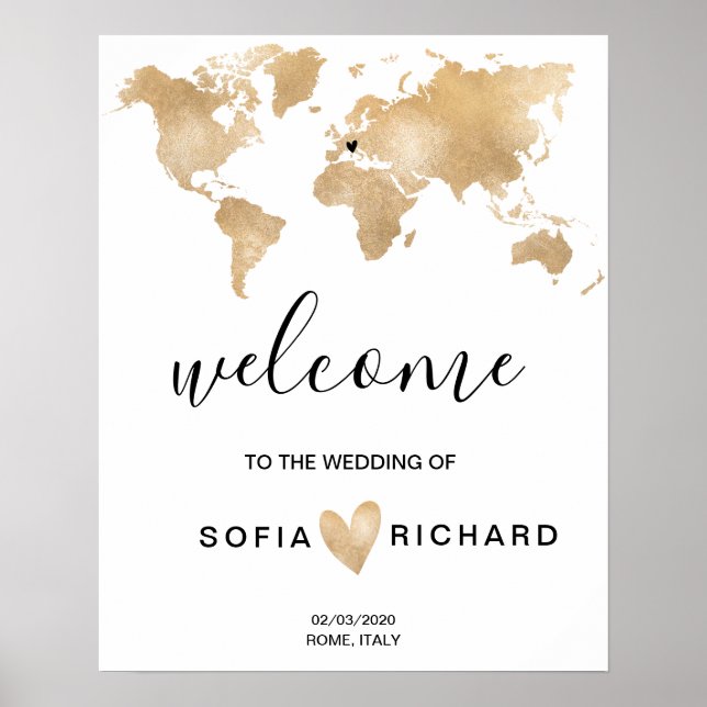 Wedding Destination World Map Gold Removable Heart Poster (Front)