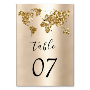 Wedding Destination World Map Gold Removable Heart Table Number
