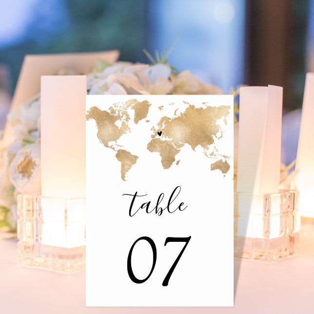 Wedding Destination World Map Gold Removable Heart Table Number (Creator Uploaded)