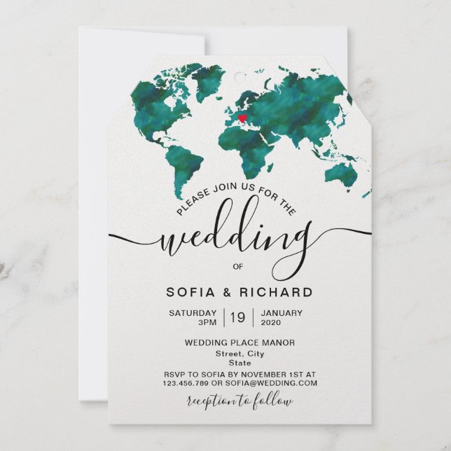 Wedding Destination World Map Heart Invitation (Front)
