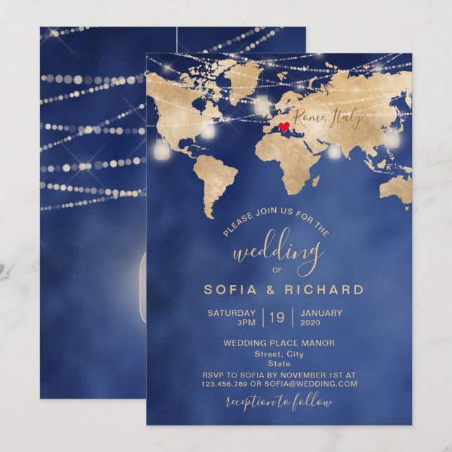 Wedding Destination World Map Light Jar and Heart  Invitation (Front/Back)