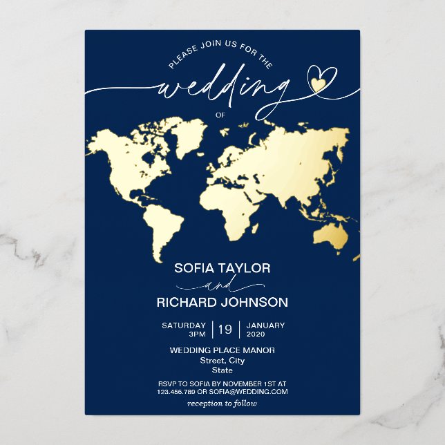 Wedding Destination World Map Typography Gold Navy (Front)