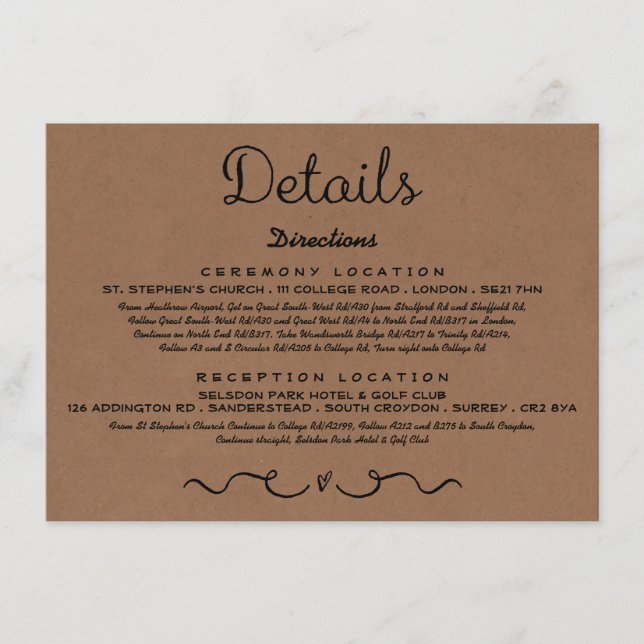 Wedding Detail Insert Card | Rustic Country Kraft (Front)