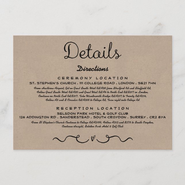 Wedding Detail Insert Card | Rustic Country Kraft (Front)