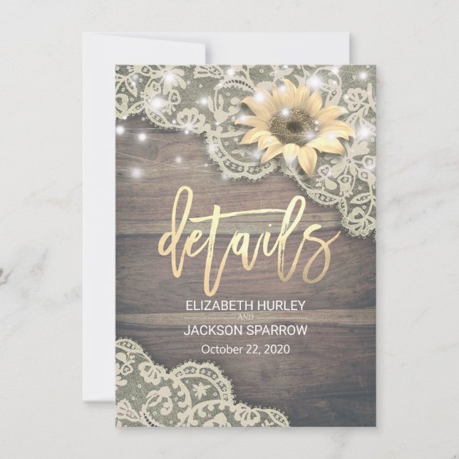 Wedding Detail Lace Sunflower Wood & String Lights Invitation (Front)