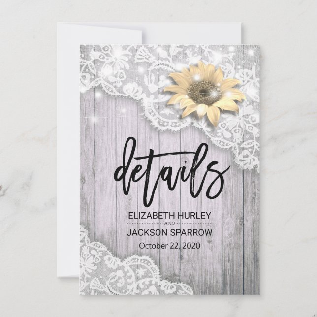 Wedding Detail Lace Sunflower Wood & String Lights Invitation (Back)