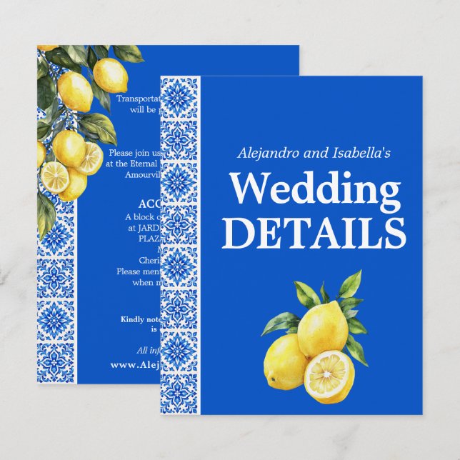 💙🍋  Wedding Details Azul & Limone Romance Enclosure Card (Front/Back)