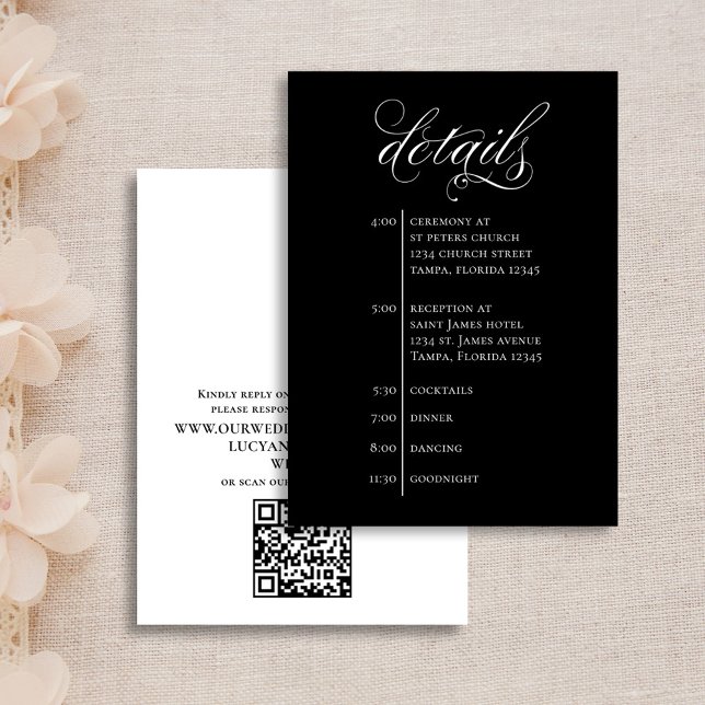 Wedding Details Black and White QR Code RSVP Enclosure Card (Elegant Calligraphy Script Wedding Details Timeline enclosure insert card)