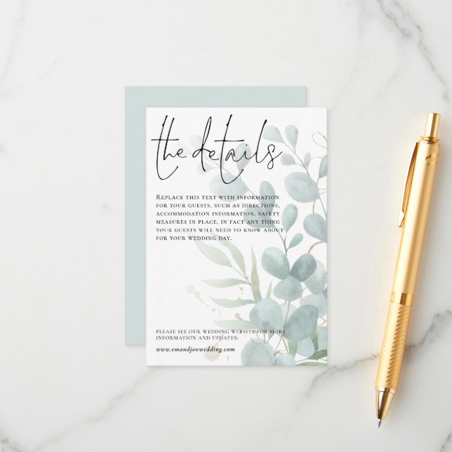 Wedding Details Blue Eucalyptus Script Enclosure Card (Front/Back In Situ)