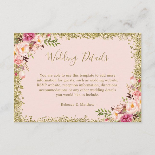 Wedding Details - Blush Pink Gold Glitters Floral Enclosure Card (Front)