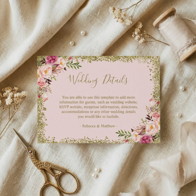 Wedding Details - Blush Pink Gold Glitters Floral Enclosure Card (Creator Uploaded)