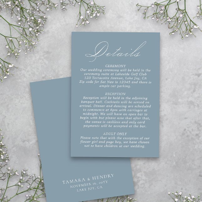 Wedding Details Calligraphy Script Dusty Blue Enclosure Card (Dusty Blue Details Card  from my Wedding Colors Collection)