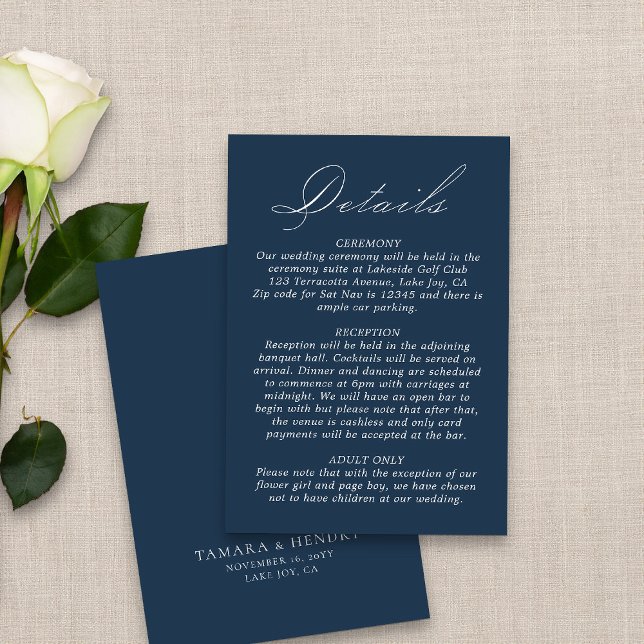 Wedding Details Calligraphy Script Navy Blue Enclosure Card (Elegant navy blue wedding details card from my Wedding Colors collection)