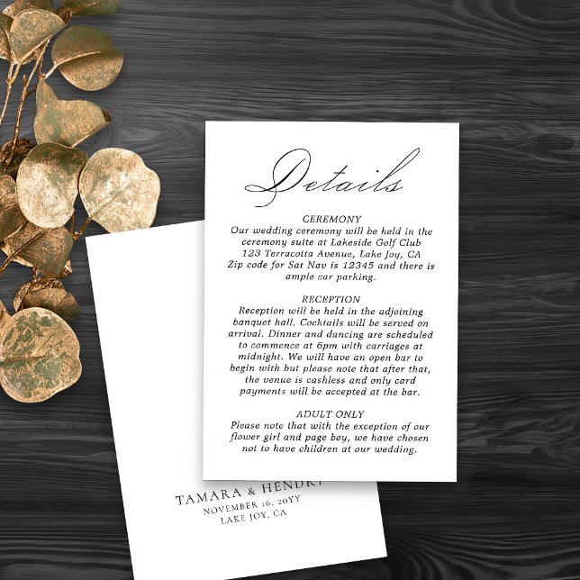 Wedding Details Calligraphy Script White Enclosure Card (Elegant and simple wedding details card in black and white from my Wedding Colors Collection)