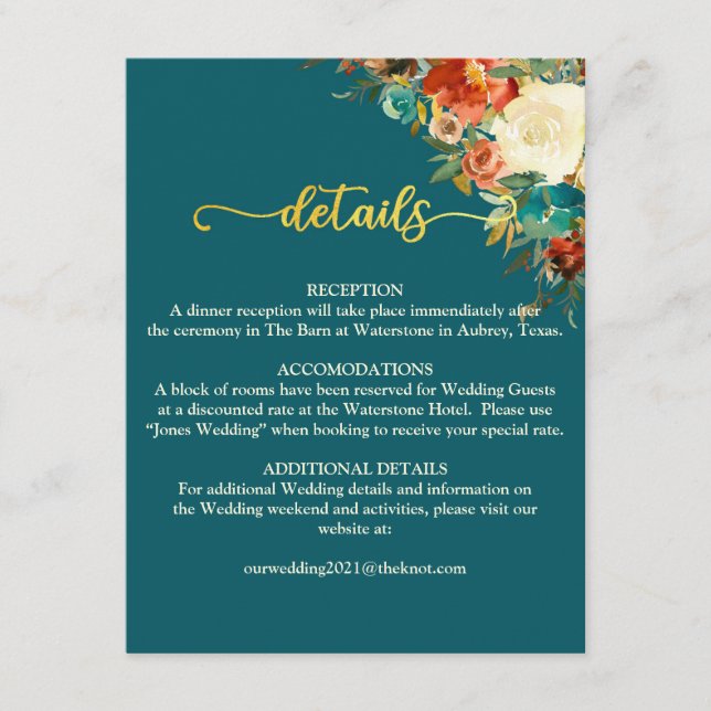 Wedding Details Card - Teal & Orange (Front)