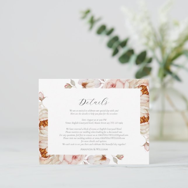 Wedding Details Card with Peonies and Roses (Standing Front)