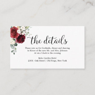 Wedding Details Chic Calligraphy Burgundy Floral Enclosure Card