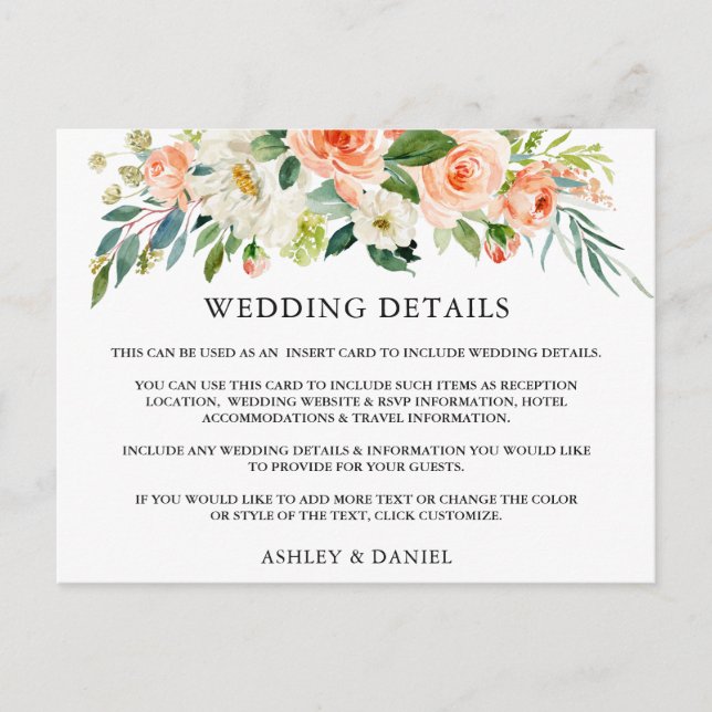 Wedding Details Coral Floral Insert Card (Front)