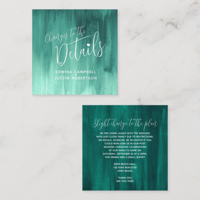 Wedding details emerald green art changes card (Front/Back)