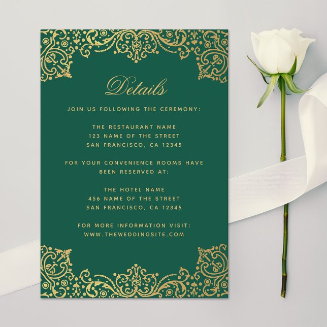 Wedding Details Emerald Green Faux Gold Antique Enclosure Card (Creator Uploaded)
