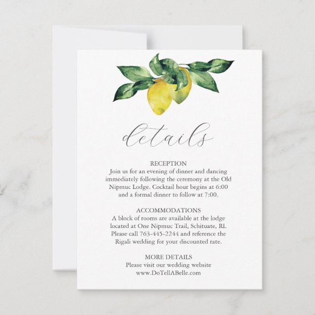 Wedding Details Enclosure Card Watercolor Lemons (Front)