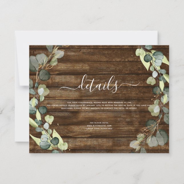 Wedding Details Eucalyptus Greenery Rustic Wood Invitation (Front)