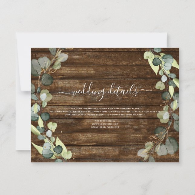 Wedding Details Eucalyptus Greenery Rustic Wood Invitation (Front)