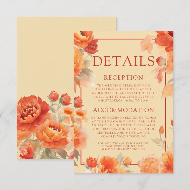 Wedding Details Fall Burnt Orange Floral  Enclosure Card (Front/Back)