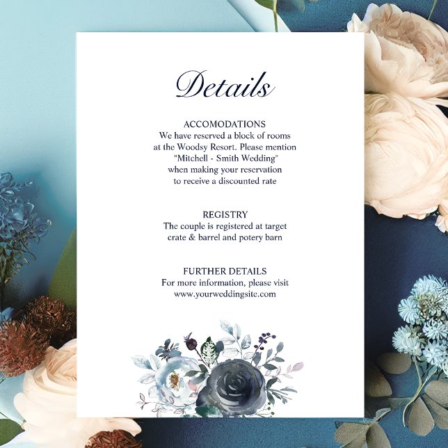 Wedding DETAILS Floral Dusty Navy Blue Enclosure Card (Creator Uploaded)