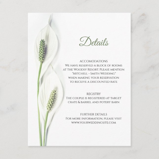 Wedding DETAILS Floral White Calla Peace Lily Enclosure Card (Front)