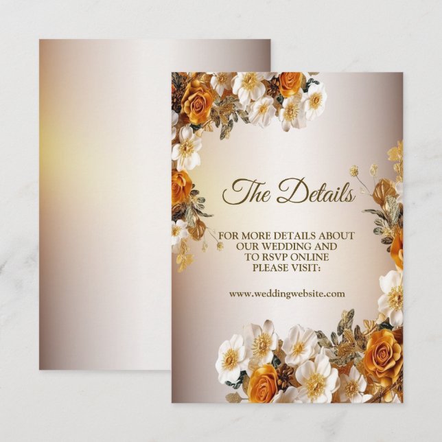 Wedding Details Golden Orange White Flower Elegant Enclosure Card (Front/Back)