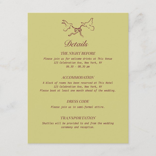 Wedding Details Illustrated Birds Enclosure Card (Front)
