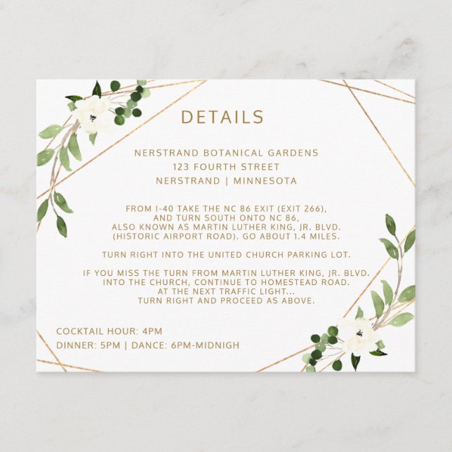 Wedding Details Information Geometric Greenery Enclosure Card (Front)