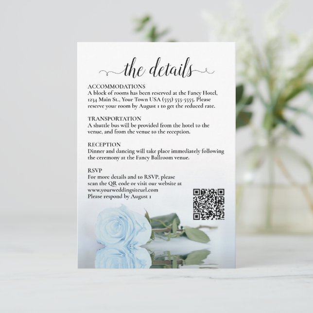 Wedding Details Light Dusty Blue Rose QR Code Enclosure Card (Standing Front)