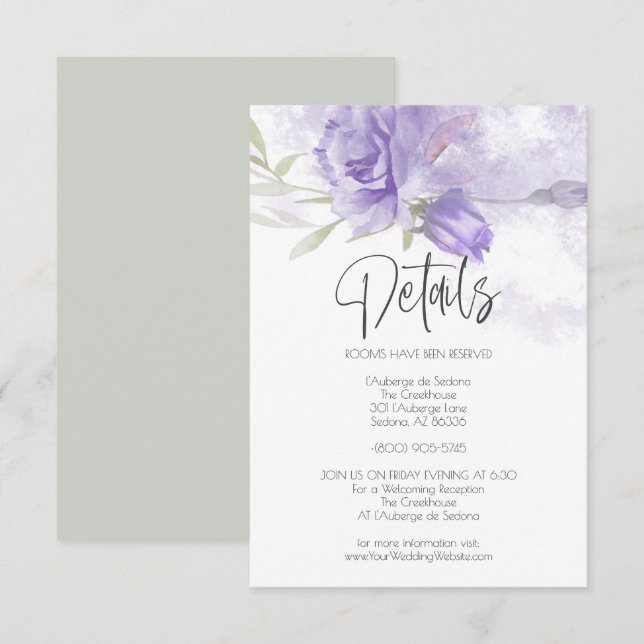 Wedding Details Lilac Purple Watercolor Rose Invitation (Front/Back)