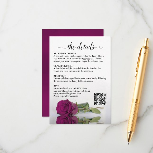 Wedding Details Magenta Raspberry Rose QR Code Enclosure Card (Front/Back In Situ)