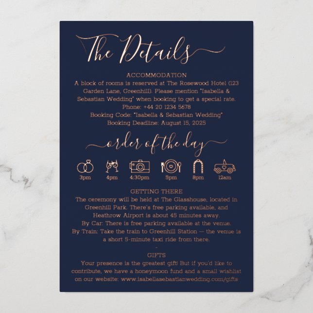 Wedding Details Midnight Blue Navy Real Foil Holiday Card (Front)