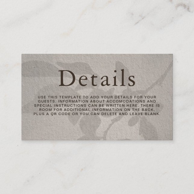 Wedding Details Minimal Modern Subtle Leaves Enclosure Card (Front)