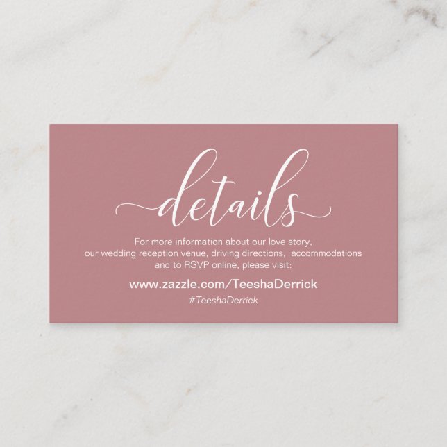 Wedding Details, Modern Dusty Rose Theme Enclosure Card (Front)