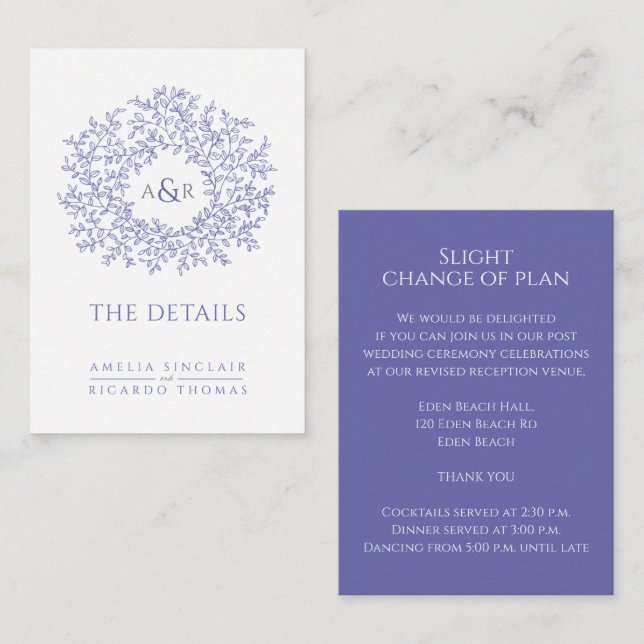 Wedding details monogram blue white enclosure card (Front/Back)