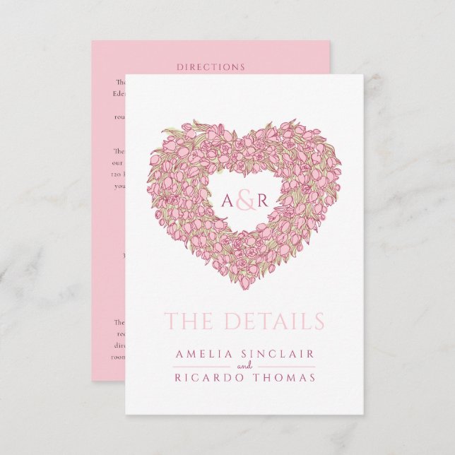 Wedding details pink tulips heart bouquet monogram enclosure card (Front/Back)
