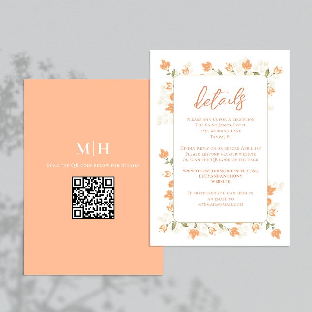 Wedding Details QR Code RSVP Peach Floral Enclosure Card (Elegant peach foliage foliage wedding details card with a QR Code. )