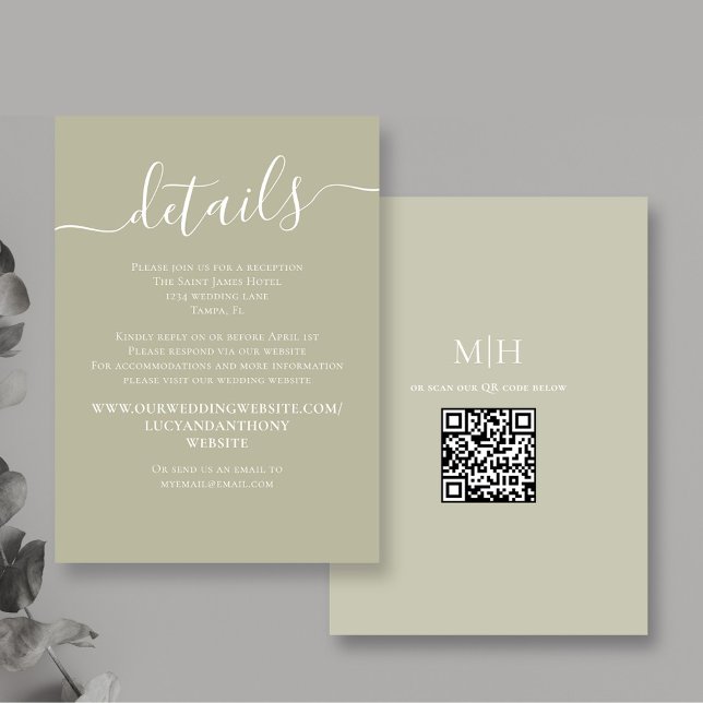 Wedding Details QR Code RSVP Sage Green Enclosure Card (Simple calligraphy sage green details card with QR code and monogram. )