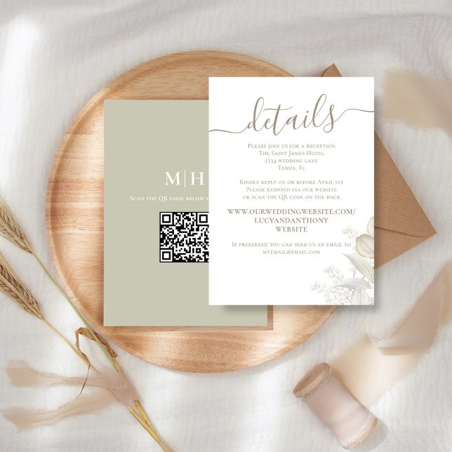 Wedding Details QR Code RSVP Sage Greenery Enclosure Card (Elegant sage greenery foliage wedding details card with a QR Code. )