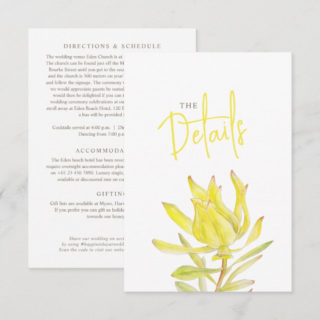 Wedding details QR wedding yellow leucadendron Enclosure Card (Front/Back)