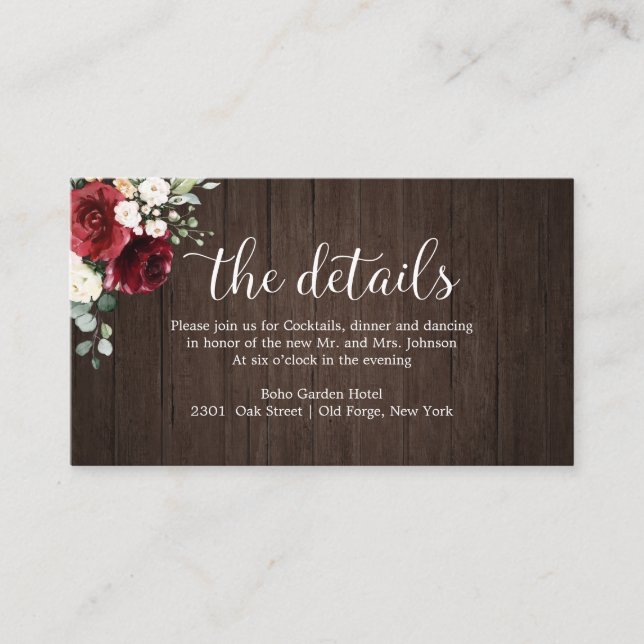 Wedding Details Rustic Burgundy Floral Enclosure Card (Front)