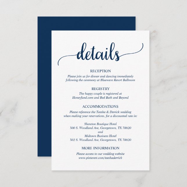 Wedding Details, Rustic Navy Blue Script Enclosure Card (Front/Back)