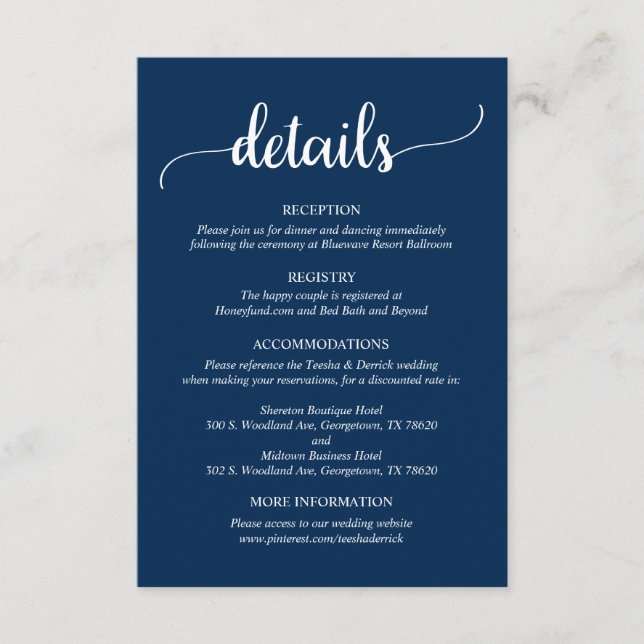 Wedding Details, Rustic Navy Blue Script Enclosure Card (Front)