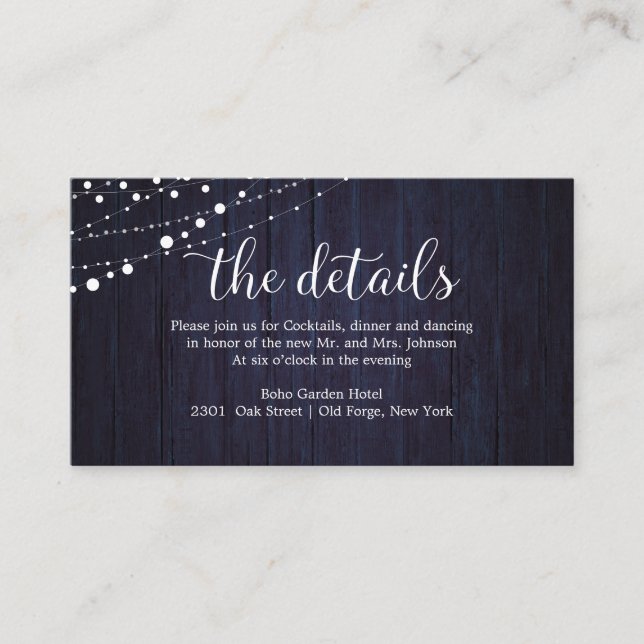 Wedding Details Rustic Wood Wedding Navy Blue Enclosure Card (Front)