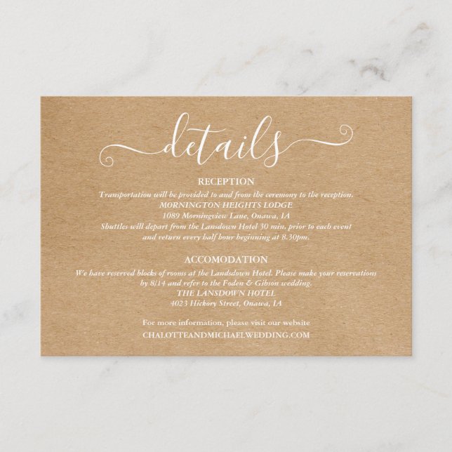 Wedding Details Signature Script Rustic Kraft Enclosure Card (Front)